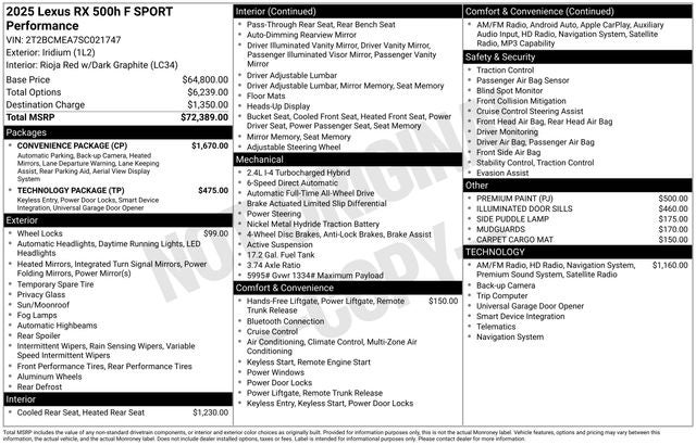 2025 Lexus RX 500h RX 500h F SPORT Performance