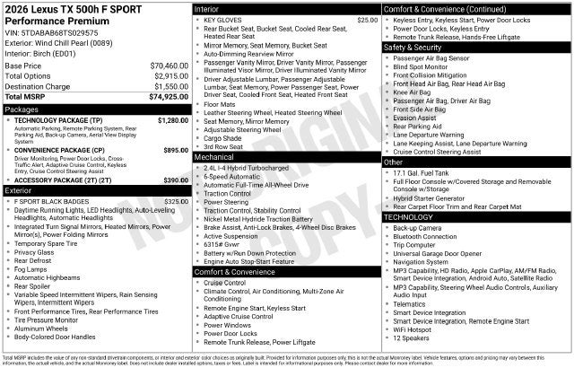 2026 Lexus TX TX 500h F SPORT Performance Premium