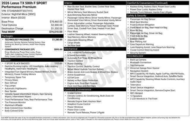 2026 Lexus TX TX 500h F SPORT Performance Premium