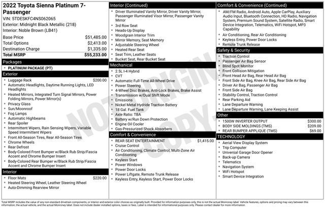 2022 Toyota Sienna Platinum 7 Passenger